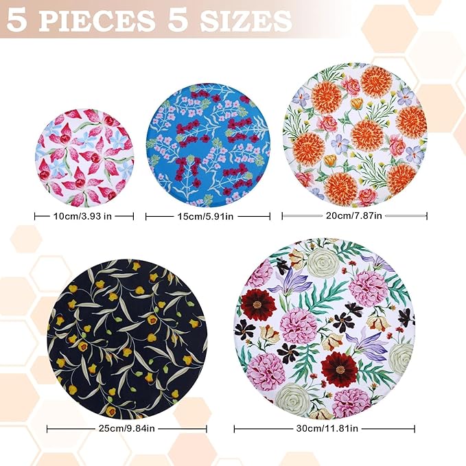 5-Size Reusable Beeswax Bowl Covers for Bread Proofing, Cotton Cloth Flexible Beeswax Wraps for Food Storage(Colorful Floral)