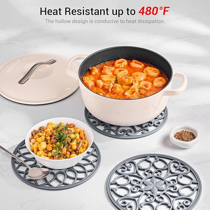 SMARTAKE 6 Set Silicone Trivets, Multi-Use Carved Trivet, Insulated Non-Slip Durable Kitchen Mat, Flexible Modern Kitchen Table Mat, for Hot Dishes, Pots, Dining Countertop, Grey