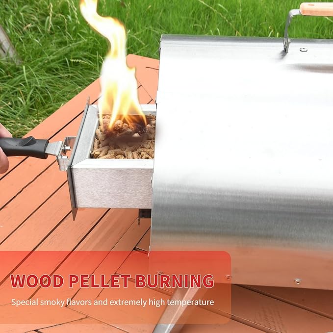 12" Wood Pellet Pizza Oven – Portable Stainless Steel Outdoor Pizza Maker with Built-In Thermometer, Foldable Legs, Carry Handle & Cordierite Pizza Stone for Backyard, Patio & Camping