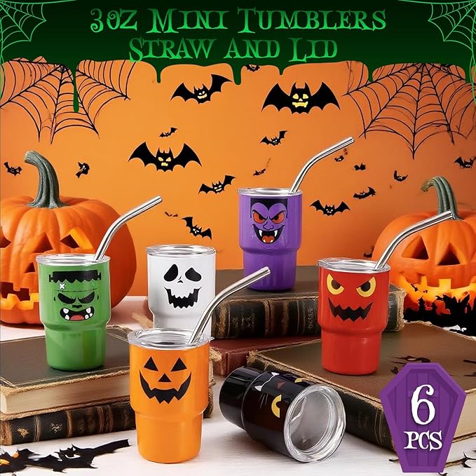 6 Pack 3 oz Halloween Shot Glasses Mini Tumblers with Straw and Lid,Pumpkin Ghost Vampire Devil Halloween Party Spooky Shot Cups Stainless Steel Vacuum Insulated Mini Cups for Cocktail Party