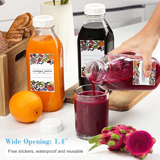 Liter Glass Milk Bottles w 100% Airtight Heavy Duty Screw Lid & 2 Dispenser- 6 Pack 32 Oz Drinking Jars - Food Grade Glass Bottles for Milk, Honey, Jam - Dishwasher Safe(Extra 2 Lids and Stickers)