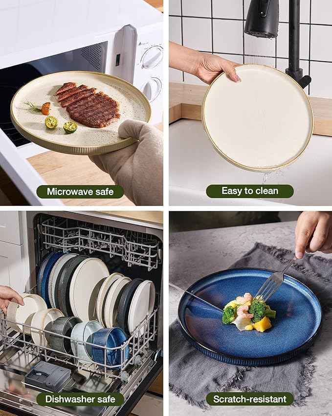 Famiware Star Dinnerware Set with Mugs, Service for 6 (24 Pieces), Ribbed Stoneware Plates and Bowls Dishes Sets with Trim - Chip & Scratch Resistant, Microwave & Dishwasher Safe, White