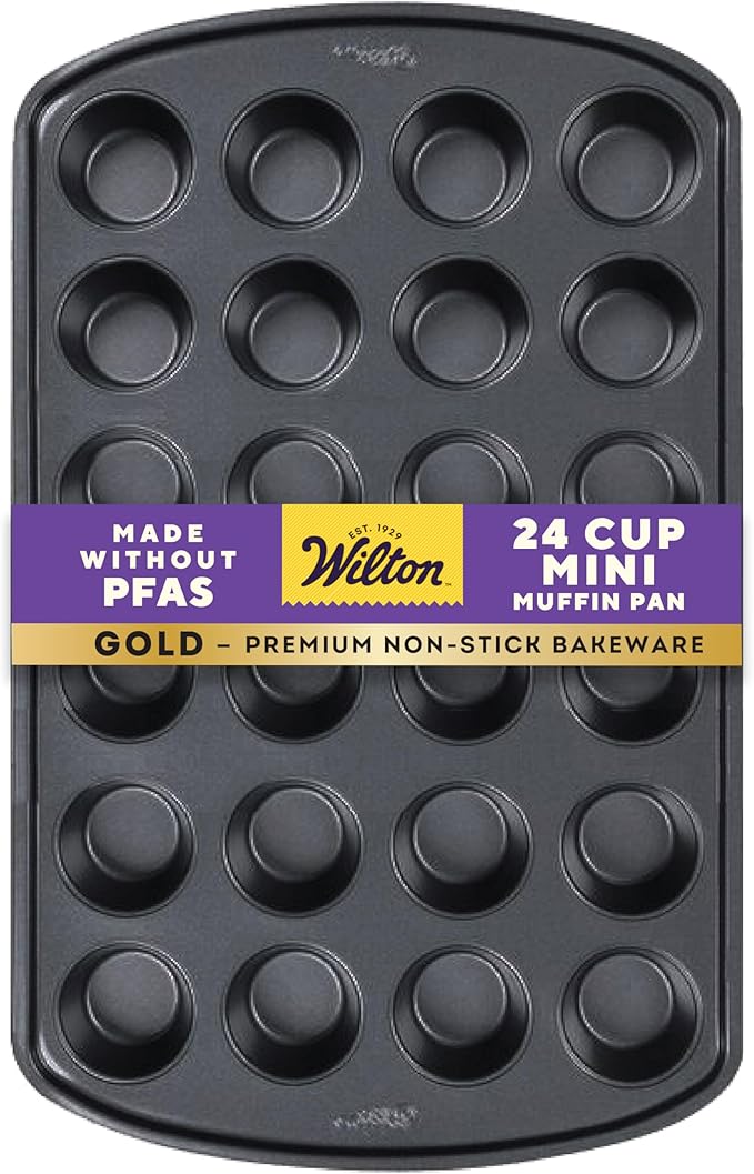 Wilton Gold Non-Stick Bakeware Mini Muffin Pan - Baking Pan for Mini Cupcakes & Muffins - Made Without PFAS - Even Heat Distribution & Scratch Resistant - 16 x 10 x 1 Inch, 24 Cups