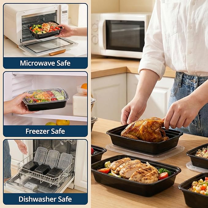 TIYA Meal Prep Containers with Lids, 150 Pack 28 oz Reusable Plastic Food Storage Containers, BPA-Free Lunch Boxes, Microwave/Dishwasher/Freezer Safe, Stackable Portion Control Containers