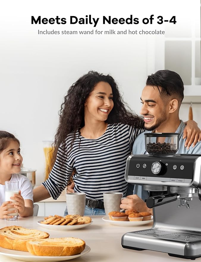 GarveeHome Espresso Machine With Grinder, 20 Bar Semi-Automatic Espresso Coffee Maker With Milk Frother Steamer Wand Cappuccino Latte Macchiato, 95 oz Water Tank, Pid Temperature Control-Light Gray