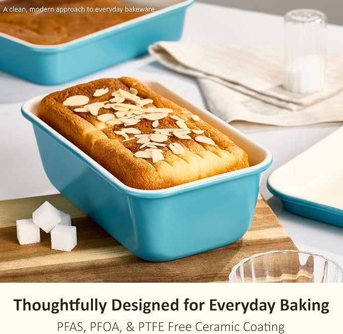 CAROTE 7-Piece Ceramic Baking Pans Set, Aluminized Steel Bakeware Sets, Toxin-Free Nonstick Stackable Oven Pans with Cookie Sheet, Muffin Pan, Loaf Pan, Roasting Pan, Cake Pans, Cooling Rack