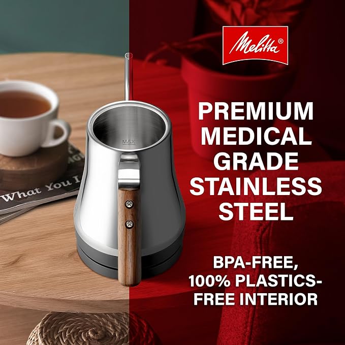 Melitta Precision Pour X Stainless Steel Gooseneck Electric Kettle with Wooden Handle and Knob