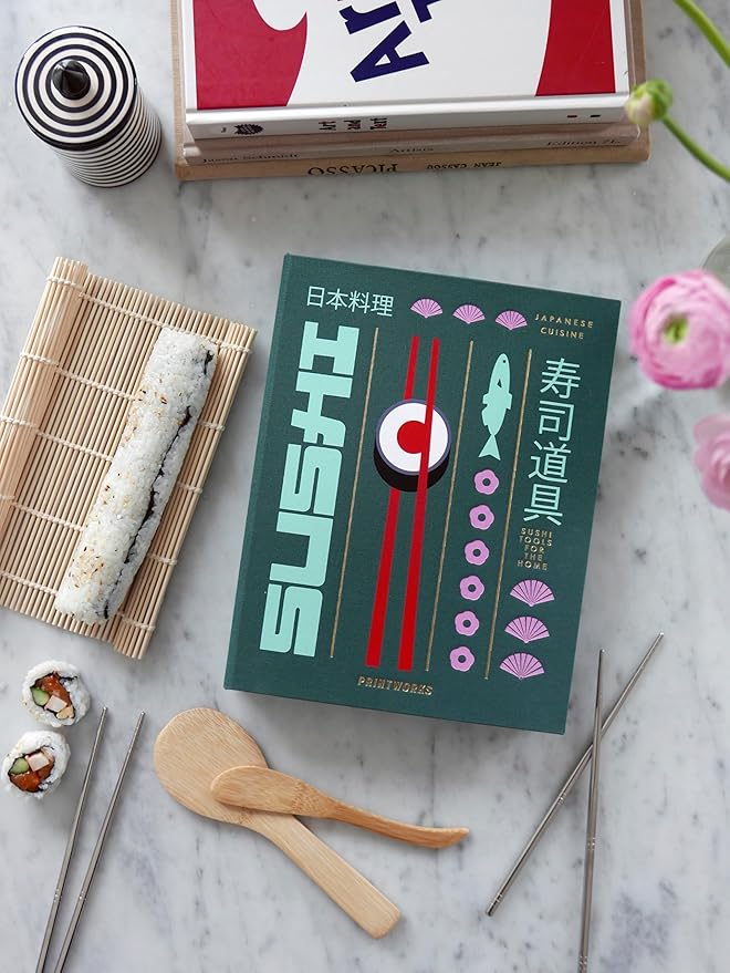 Printworks The Essentials, Sushi Tools – Sushi Making Kit with Roller, Rice Paddle, Spreading Knife, and 8 Chopsticks in an Elegant Book-Style Case