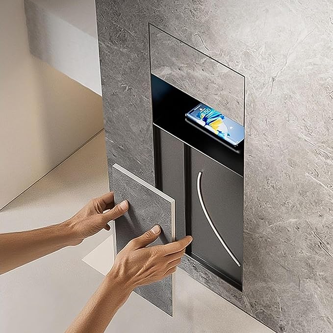 Recessed Bathroom Trash Can & Toilet Paper Holder Tile-Friendly Built-in Hidden Garbage Bin Stainless Steel Recessed Storage Cabinet Shower Nich for Toilet Bathroom Hotel,F