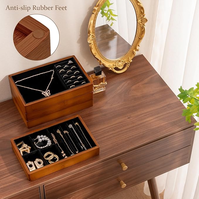 ProCase 4-Set Bamboo Stackable Jewelry Organizer Tray, Jewelry Drawer Inserts Container Display Case Storage for Earring Necklace Rings Bracelet with Removable Dividers -Black