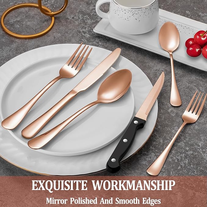 72 Pcs Rose Gold Silverware Set with Steak Knives Service for 12,Stainless Steel Flatware Set,Mirror Polished Cutlery Utensil Set, Kitchen Eating Tableware,Include Fork Knife Spoon Set,Dishwasher Safe