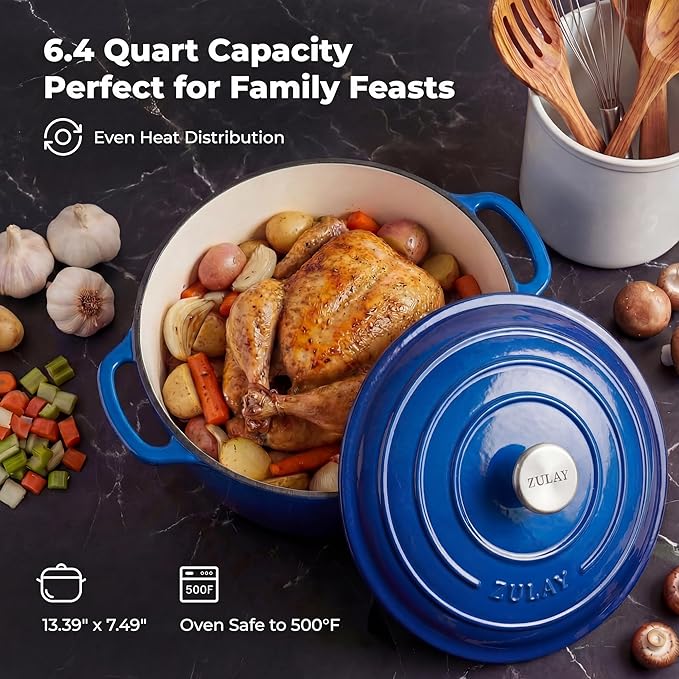 Zulay Kitchen 6 Quart Enameled Cast Iron Dutch Oven Pot with Lid – Premium Durability & Oven Safe up to 500°F – Heavy Duty Cookware Perfect for Bread Baking, Stews, Braising & Roasting - Blue