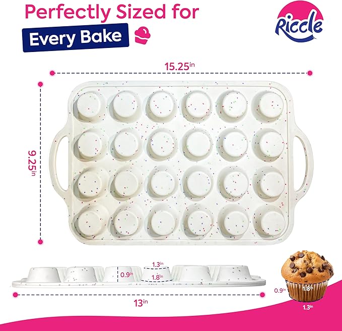 RICCLE 2 Pack Silicone Mini Muffin Pan with Metal Reinforced Frame, 24-Cup Mini Cupcake Pans, Mini Muffin Silicone Molds, Silicone Muffin Pans for Baking - Oven & Dishwasher Safe, BPA-Free