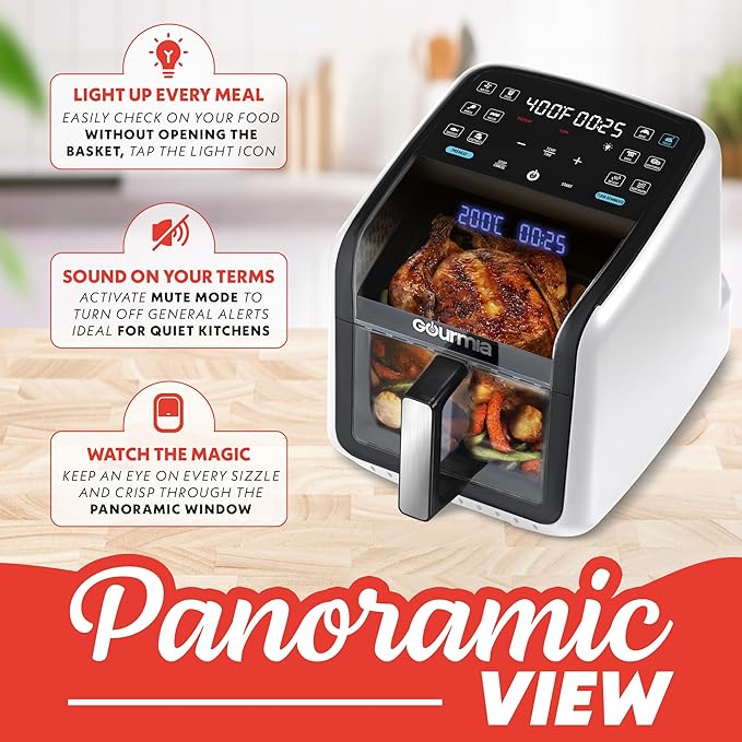 Gourmia Air Fryer 7 QT - Easy View Panorama Window & Interior Light, Guided Cooking with 12 One-Touch Presets, FryForce 360, Dishwasher Safe Accessories, White