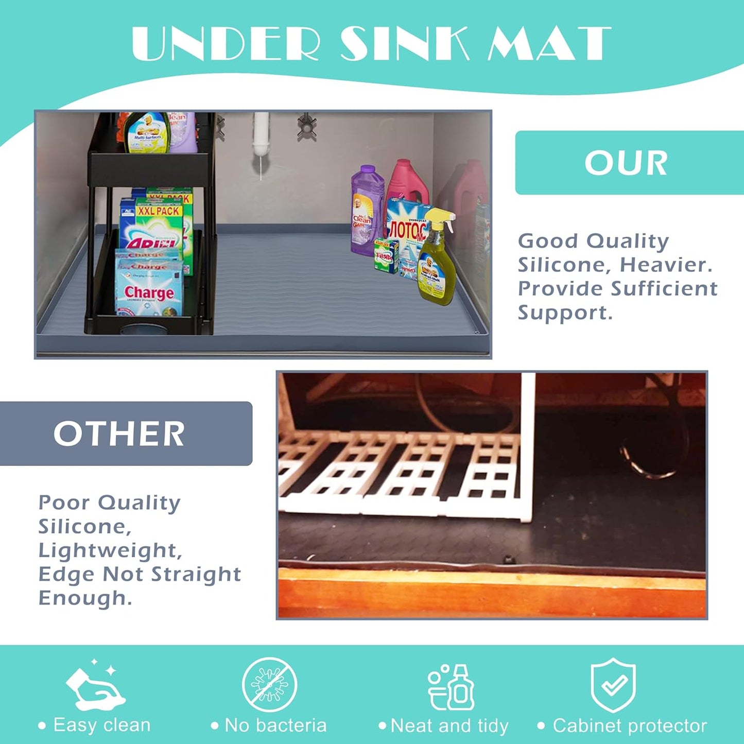 URMONA Waterproof Silicone Under Sink Mat 40'' x 22'' Shelf Liner for Kitchen and Bathroom, Cabinet and Counter Protector, Storage and Organizers, Litter Mat, Pet Cat Puppy Essentials(Light Grey)
