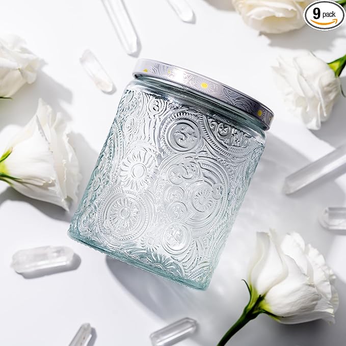 Art Secret 9-Pack 8oz Embossed Glass Candle Jars with Lids and Labels - Sun Moon Stars Design (Clear)