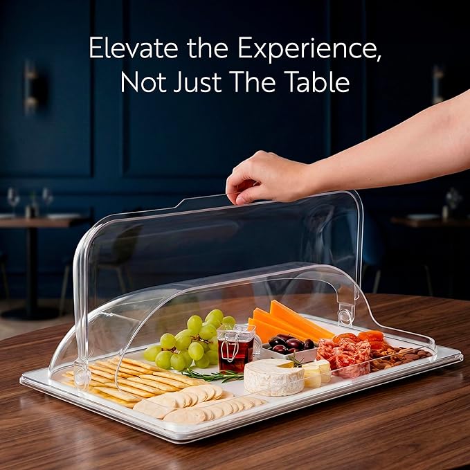 Restaurantware Cater Tek 21 Inch Polycarbonate Plate Cover 1 Shatterproof Dish Cover - Dishwashable For 21 Inch Plates Clear Plastic Tray Cover Flap Handle Design Endures Up To 210F