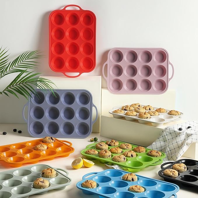 Socisen 12 Cups Silicone Muffin Pan with Metal Reinforced Frame Regular Size Cupcake Pan Tray Egg Bites Silicone Circle Cookie Molds Muffin Tin Tray Tart Pans Kitchen Baking Mold Tools for Cooking
