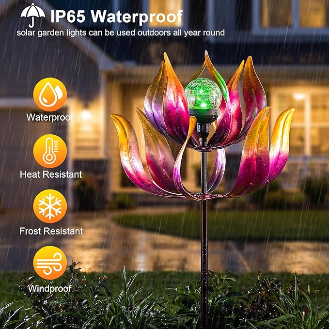 Solar Wind Spinner Outdoor Metal Decor - 61" Tall Lotus Kinetic Yard Art with Color-Changing Crackle Glass LED Light, Dual-Directional Wind Catcher Lawn Ornament for Garden, Patio & Yard Gift