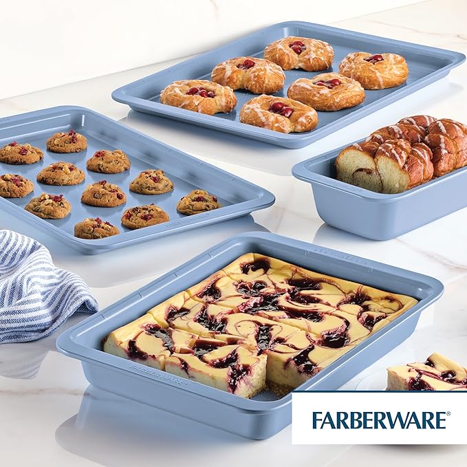 Farberware Easy Solutions Nonstick Baking Set, Includes Cookie Pans, Loaf Pan, and Cake Pan with Portion Marks, 4 Piece, Non Stick Bakeware Set - Blue