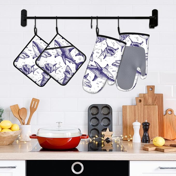 Cool Shark Oven Mitts and Pot Holders Sets 4Pcs Silicone Non-Slip Mitts Heat Resistant Gloves Hot Pads for Kitchen Cooking Baking Grilling BBQ
