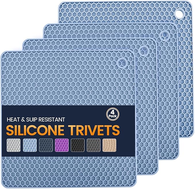 Silicone Trivet Mats 4 Heat Resistant Pot Holders Multipurpose Non-Slip Hot Pads for Kitchen Potholders, Drying mat, Jar Opener, Spoon Holder, Coaster.(Light Blue)