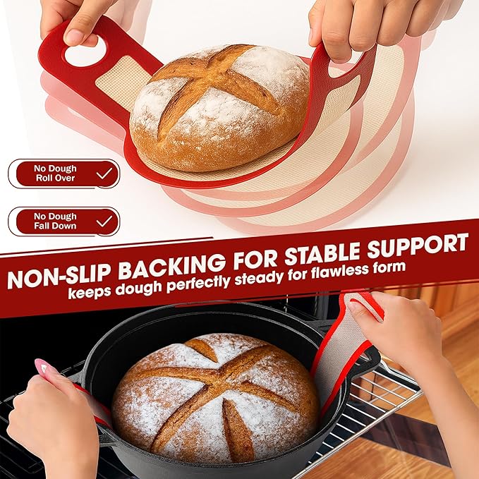 Sourdough Silicone Bread Sling for Dutch Oven, 2PCS Non-Stick Reusable Baking Mat with Long Handles, Essentials Bread Making Supplies for Dough Transfer and Loaf Pan Lifter Liner, Set 2Pcs Round
