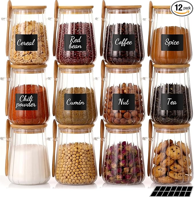 Glass Jar Sugar Container with Bamboo Spoons Lids 24 oz Large Sugar Container Glass Coffee Bowls Canister Coffee Bar Accessories with Labels Preprinted for Salts Tea Spice (12 Pcs)