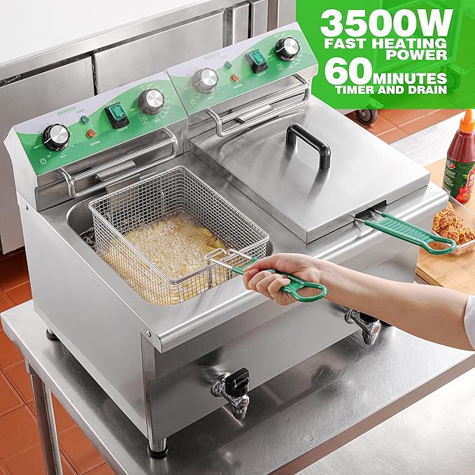 NUPANT 24L/25.4QT Commercial Deep Fryer with 2 Baskets and Lids, 110V Electric Fryer with Oil Filtration and Timer, Stainless Steel Large Double Tank Fryer Countertop Deep Fryer for Restaurant 3500W