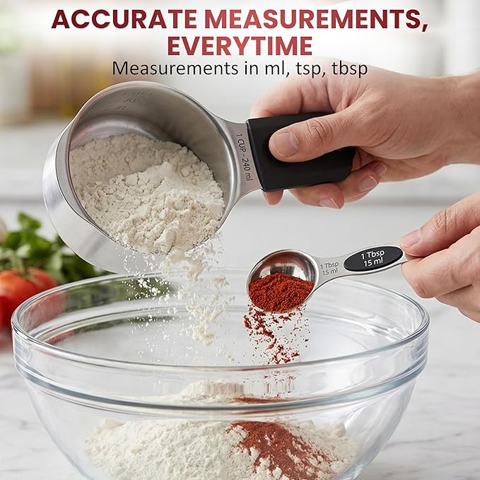 16-Pcs Measuring Cups & Magnetic Spoons Set with Leveler, Food-Grade Stainless Steel, Stackable Design, Silicone Handles, Precise Metal Measuring Cups and Spoons Set for Cooking & Baking (Black)