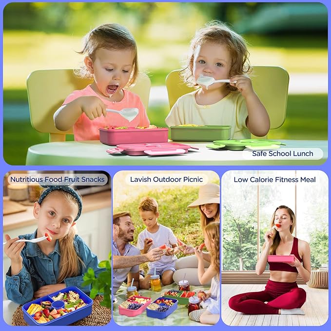 DaCool Bento Lunch Box for Kids - 7.5 Cups Leakproof Large Bento-Style with 4 Compartments Portions Lunchbox with Tableware Back to School, Reusable On-the-Go Meal and Snack Packing, Blue