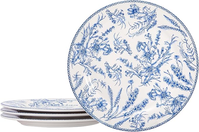 Bico Blue Garden Toile De Jouy Dinner Plates Set of 4, 11 Inch Large Ceramic Plates for Pasta, Steak, Stylish Serving Dishes, Microwave and Dishwasher Safe, Gift for Housewarming and Thanksgiving