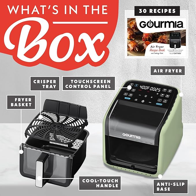 Gourmia Air Fryer 7 QT - Easy View Panorama Window & Interior Light, Guided Cooking with 12 One-Touch Presets, FryForce 360, Dishwasher Safe Accessories, Green