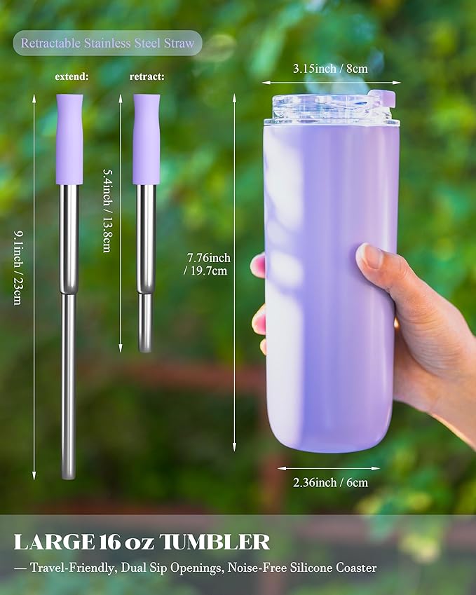 16 oz Insulated Coffee Tumblers, Travel Coffee Tumblers with Straw, Double-Wall Stainless Steel Tumbler, Leak Proof Tumbler, Reusable Cups with Lids for lced and Hot Drinks (Purple)