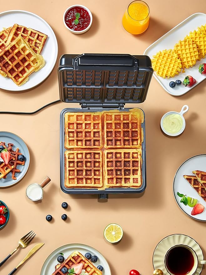 Belgian Waffle Maker 4 Slices, 1200W Waffle Iron, Anti-Overflow Waffle Iron with Browning Knob, Nonstick Plates, Indicator Lights, Silver/Black (White)