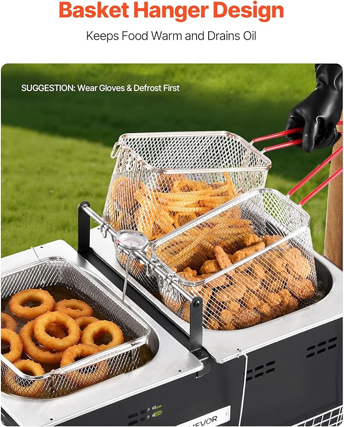 VEVOR Outdoor Propane Deep Fryer, Dual-Tank 16QTx2 Large Capacity Commercial Fryer, Stainless Steel Fish Cooker with 3 Basket, Thermometer, Floor Standing Fryers for Catering Event Camping, 50,000 BTU