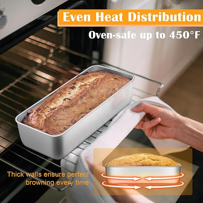 E-far Loaf Pan for Homemade Bread-2 Pack, 12” x 5” Large Stainless Steel Loaf Pans, Long Metal Bread Baking Mold for Banana Cake Meatloaf Sourdough Lasagna, Nontoxic & Dishwasher Safe