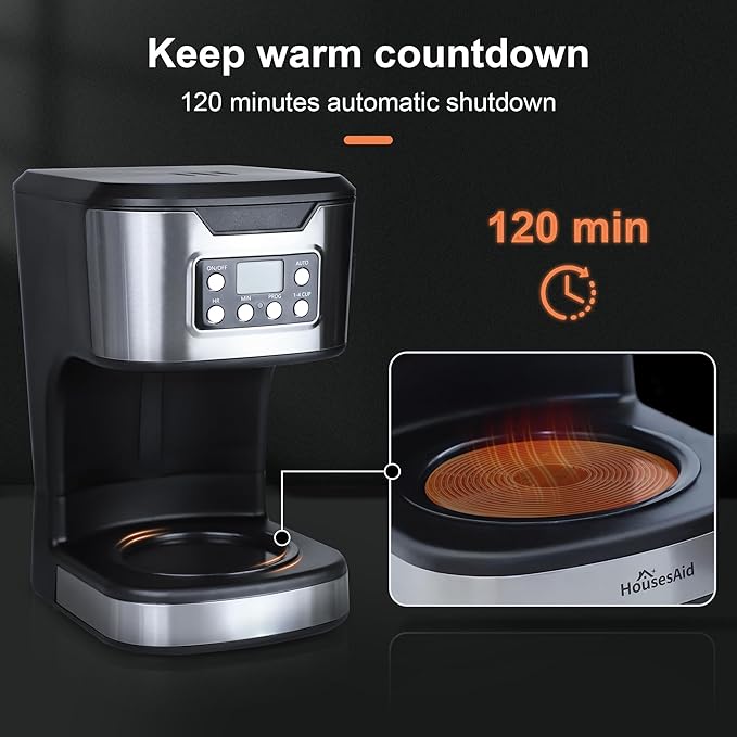 Programmable Coffee Maker 12 Cup Brew & Drip coffee machine, Fully Automatic, 1-4 Cup Setting, Stainless Steel,Keep- Warm Function, Household, Home and Office,Black