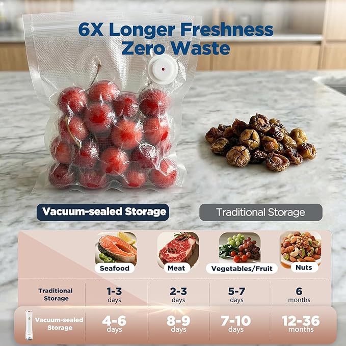 Compact Vacuum Sealer for Food with Visible Tank, Handheld Vacuum Sealer Machine, Includes 30 Reusable Bags, Seal Food 6X Fresh Longer, Wireless & Portable, Suitable for Kitchen and Travel, White