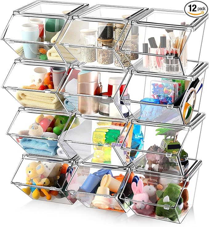 Yerliker 12 Pcs Clear Plastic Storage Bins with Lids Large Stackable Pantry Storage Organizer Bins Kitchen Organization Cabinet Organizers Ideal Containers for Fridge, Kitchen, Cabinets (Clear)