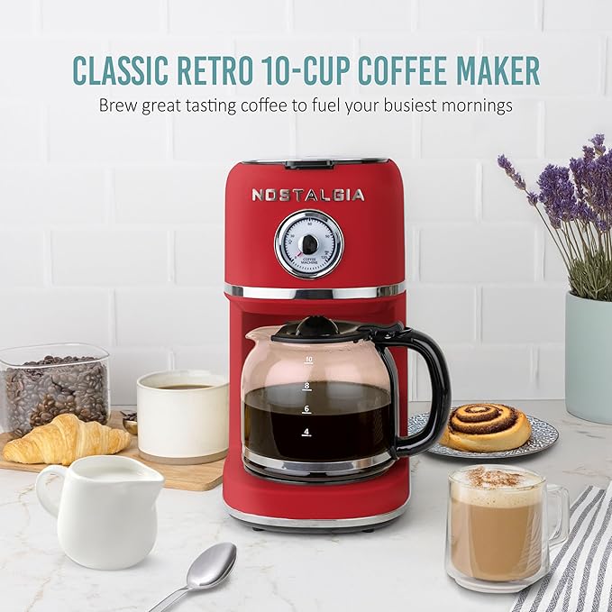 Nostalgia Classic Retro 10 Cup Coffee Maker - One-Touch Drip Brew, Reusable Filter - Anti-Drip, Auto Shutoff, & Time Display - Dishwasher Safe 50 oz Carafe - Red
