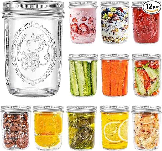 Miuyhji Mason Jars 16 oz with Lids, 12Pcs Wide Mouth Glass Canning Jars with Airtight Lids and Bands, Overnight Oats Containers for Pickling, Freezing, Preserving, Meal Prep, Jar Décor
