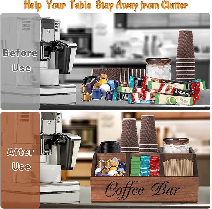 ugiftt Coffee Station Organizer for Counter, Wood Coffee Pods Holder Storage Basket, Tea Condiment Storage Organizer, Rustic Coffe Bar Decor for Accessories