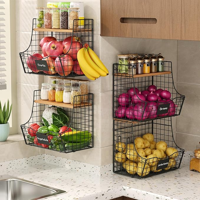 4 Pack Fruit Basket for Kitchen with Lid, Counter&Wall Mounted Hanging Fruit Basket, Potato and Onion Storage, Metal Wire Fruit and Vegetable Storage, Snack Organizer 11.81 * 8.66 * 10.63in