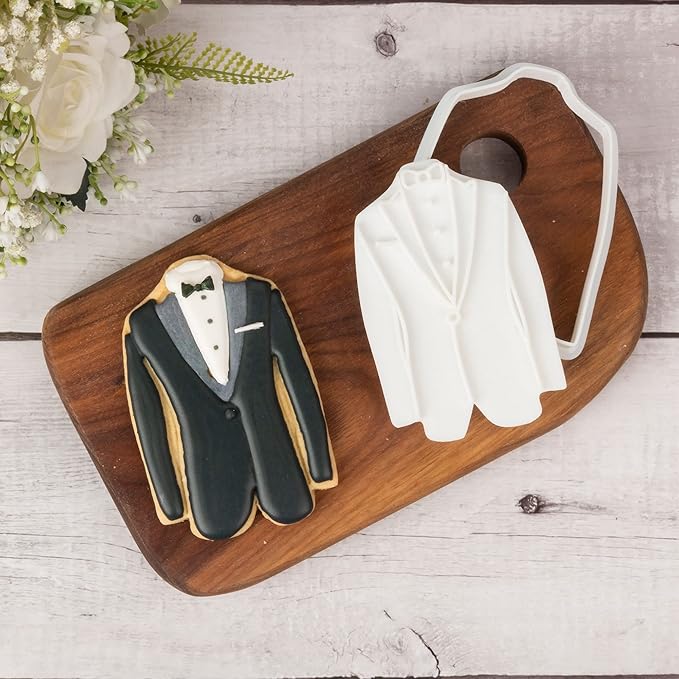 Flycalf Wedding Cookie Cutter Tuxedo with Plunger Stamps Handle PLA Cake Baking Accessories 3.5" Cutter Molds Gifts for Kids Decorative Party Kitchen