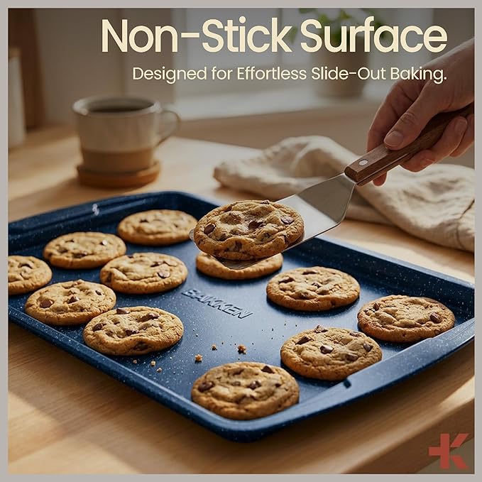 BAKKEN Kitchen Baking Pan Set - Nonstick Coating, Commercial Grade Carbon Steel Bakeware Sets, Baking Kitchen Essentials, PFOA, PFOS, PTFE Free, Oven Safe Tray (Up To 450° F), Set of 3, Blue Marble