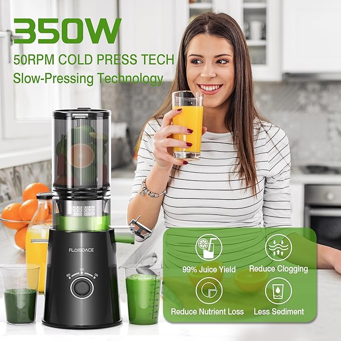 Cold Press Juicer, Slow Masticating Juicer Machines with 5" Feeding Chute Fit Whole Fruits&Vegetables, Stainless Steel Slow Masticating Juicer Easy to Clean, 99.6% Juice Purity, 1.5L Capacity-Black