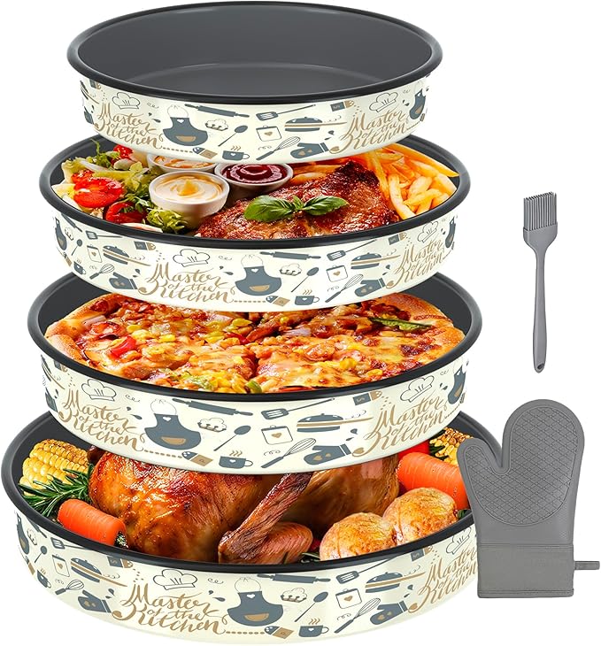 Round Baking Pan Enamel Roasting Dish 4-Pack 9/10/12/14 Inches Non Stick High Temperature Resistance Cookware for Cake Pie Pizza & Meat, Oven Dishwasher Safe Mother Day Gift Bakeware Set