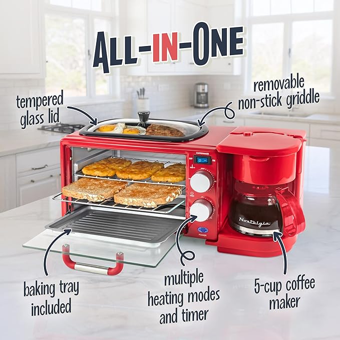 Nostalgia 3-in-1 Retro Breakfast Station - Includes 5 Cup Coffee Maker, Non-Stick Ceramic Griddle, and 4-Slice Toaster Oven - Built-In Timer, Reusable Coffee Filter, Space-Saving Design - Red