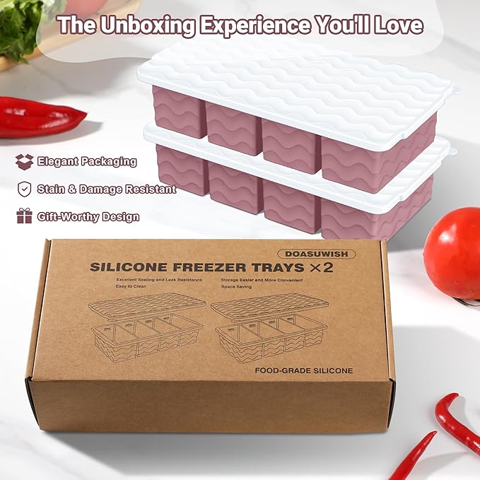Doasuwish Silicone Freezer Tray for Soup with Lid – 1-Cup Soup Container Cube Style Ice Cube Trays for Freezer, Meal Prep & Food Storage, Freeze 250mL/125mL Portions – 2 Pack